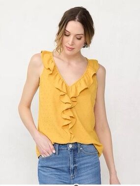 LC Lauren Conrad Yellow Ruffle V-Neck Sleeveless Camisole Polka Dot - Size XL